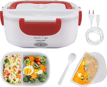 BEPER 90.920R Calentador Eléctrico Portátil de Comida, 2 Recipientes Extraíbles, Cubiertos Incluidos, 220V, Rojo
